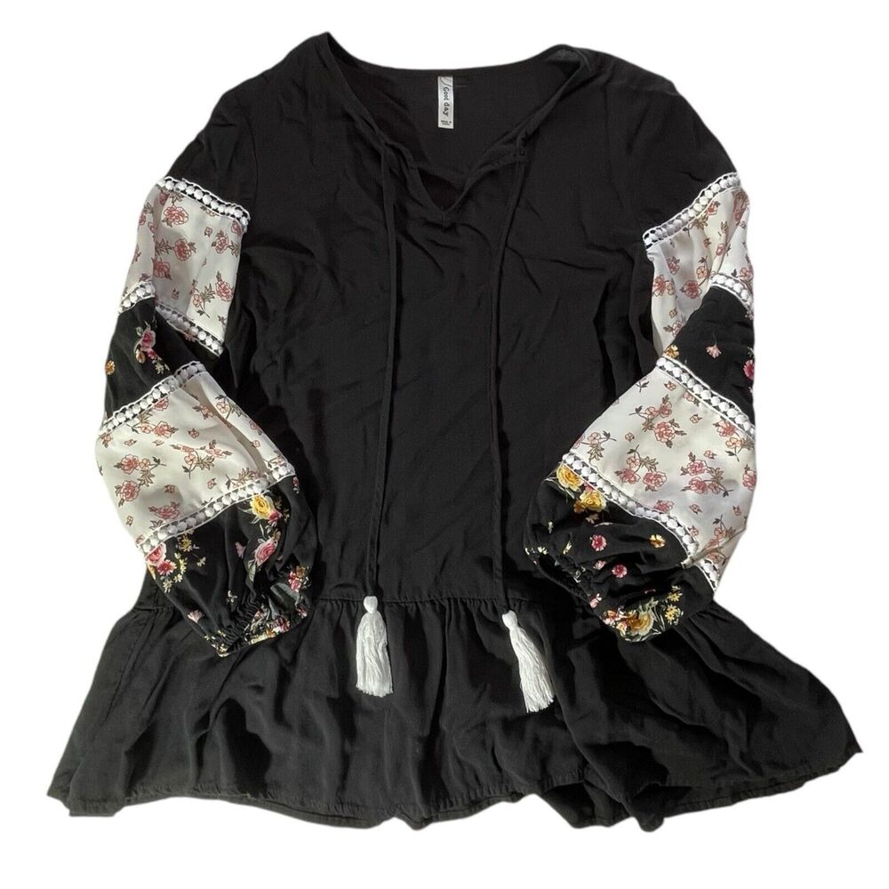 Womens Small Popover Top Blouse Puff Sleeve Sheer Ruffled Black Pink Floral